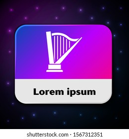 White Harp icon isolated on black background. Classical music instrument, orhestra string acoustic element. Rectangle color button. Vector Illustration