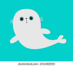 Cachorro de foca de arpa blanca acostado. León marino. Personaje lindo del bebé del kawaii de la historieta. Cara graciosa. Colección animal. Agua del mar. Estilo infantil. Póster para bebé. Diseño plano. Fondo azul. Vector