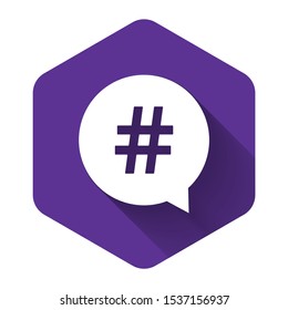 White Hashtag in circle icon isolated with long shadow. Social media symbol, concept of number sign, social media, micro blogging pr popularity. Purple hexagon button. Vector Illustration