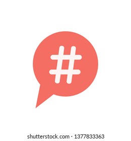 white hashtag icon in red speech bubble. concept of number sign, social media and web communicate. isolated on white background. flat style trendy modern vector illustration