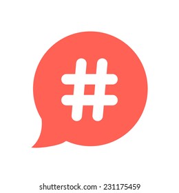 white hashtag icon in red speech bubble. concept of number sign, social media and web communicate. isolated on white background. flat style trendy modern vector illustration