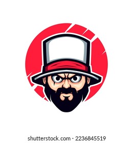 White Hat Bearded Angry Man Vector Mascot