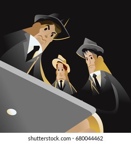 white hat, grey hat and black hat hackers using a computer