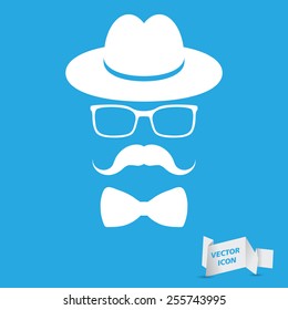 white hat with mustache, bow tie and glasses isolated on a blue background