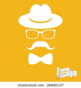 white hat with mustache, bow tie and glasses isolated on the yellow background