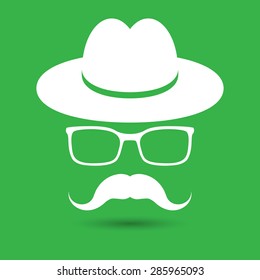 white hat with mustache and glasses isolated on the green background