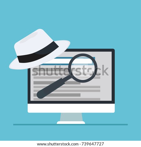 White hat seo banner. Magnifier, and other search engine optimization tools and tactics. Vector flat illustration