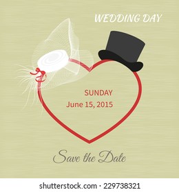 White hat with a veil and black top hat. Wedding invitations
