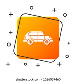 White Hatchback car icon isolated on white background. Orange square button. Vector Illustration