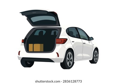 White Hatchback Car with Open Trunk Flat Illustration. White Automobile Open Trunk. Hatchback Vehicle with Open Trunk. White Hatchback with Open Rear Trunk.
