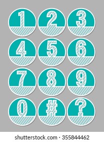 White Hatched Number Set On A Green Background. Artistic Number In Circle Shapes. Infographic Element, Useful In Presentation Template, Included Question Mark And Hash Tag