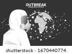 White Hazmat suit  with full mask and virus particle around world globe background. Concept for biochemical hazard and  virus protection situation