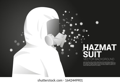 White Hazmat suit  with full mask and virus particle background. Concept for biochemical hazard and  virus protection situation