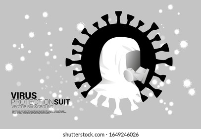 White Hazmat suit  with full mask and virus particle background. Concept for biochemical hazard and  virus protection situation
