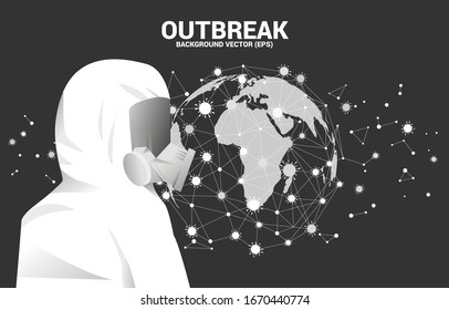 White Hazmat suit  with full mask and virus particle around world globe background. Concept for biochemical hazard and  virus protection situation