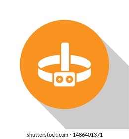 White Head flashlight icon isolated on white background. Tourist head flashlight. Camping head light. Orange circle button. Vector Illustration