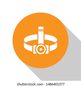 White Head flashlight icon isolated on white background. Tourist head flashlight. Camping head light. Orange circle button. Vector Illustration