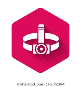 White Head flashlight icon isolated with long shadow. Tourist head flashlight. Camping head light. Pink hexagon button. Vector Illustration