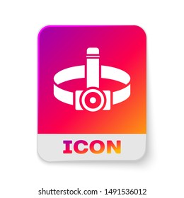 White Head flashlight icon isolated on white background. Tourist head flashlight. Camping head light. Rectangle color button. Vector Illustration