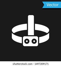 White Head flashlight icon isolated on black background. Tourist head flashlight. Camping head light.  Vector Illustration