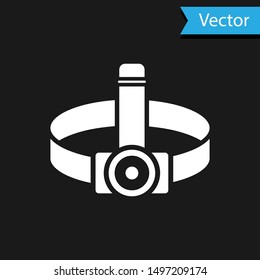 White Head flashlight icon isolated on black background. Tourist head flashlight. Camping head light.  Vector Illustration