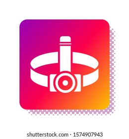 White Head flashlight icon isolated on white background. Tourist head flashlight. Camping head light. Square color button. Vector Illustration