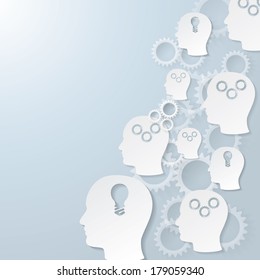 white head and white gears, idea bulb on the blue background