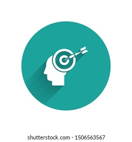 White Head hunting concept icon isolated with long shadow. Business target or Employment sign. Human resource and recruitment for business. Green circle button. Vector Illustration