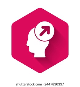 White Head hunting concept icon isolated with long shadow. Business target or Employment sign. Human resource and recruitment for business. Pink hexagon button. Vector