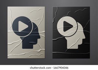 White Head people with play button icon isolated on crumpled paper background. Paper art style. Vector Illustration
