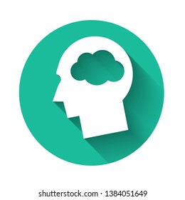 White Head silhouette with cloud icon isolated with long shadow. Dreaming sign. Green circle button. Vector Illustration