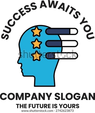 A white head with three stars and a line of pills. The text reads "success awaits you" and "company slogan" in black