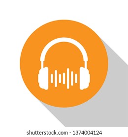 White Headphone and sound waves icon on white background. Earphone sign. Concept object for listening to music, service, communication and operator. Orange circle button. Vector Illustration
