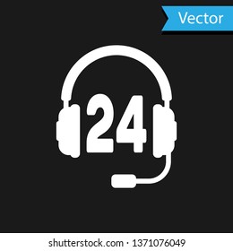 White Headphone for support or service icon on black background. Concept of consultation, hotline, call center, faq, maintenance, assistance. Vector Illustration