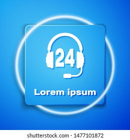 White Headphone for support or service icon isolated on blue background. ?onsultation, hotline, call center, faq, maintenance, assistance. Blue square button. Vector Illustration