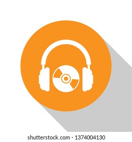 White Headphones and CD or DVD icon isolated on white background. Earphone sign. Compact disk symbol. Orange circle button. Flat design. Vector Illustration
