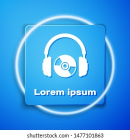 White Headphones and CD or DVD icon isolated on blue background. Earphone sign. Compact disk symbol. Blue square button. Vector Illustration
