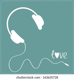 White headphones with cord . Blue background. Dash line.  Love card. Vector illustration.