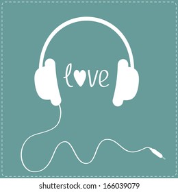 White headphones with cord. Dash line. Love card. Vector illustration.