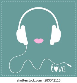 White headphones with cord. Pink lips Love Music card. Flat design  Vector illustration.