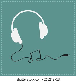 White headphones icon with black cord in shape of note Music background card. Flat design  Vector illustration.