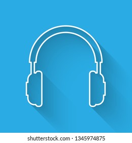 White Headphones icon isolated with long shadow. Earphones sign. Concept object for listening to music, service, communication and operator. Vector Illustration