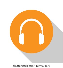 White Headphones icon isolated on white background. Earphones sign. Concept object for listening to music, service, communication and operator. Orange circle button. Flat design. Vector Illustration