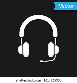 White Headphones icon isolated on black background. Earphones. Concept for listening to music, service, communication and operator.  Vector Illustration