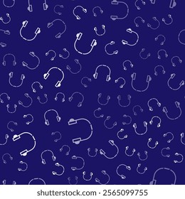 White Headphones icon isolated seamless pattern on blue background. Earphones. Concept for listening to music, service, communication and operator.  Vector Illustration