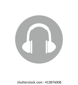 White headphones icon vector illustration. Gray circle. Gray button