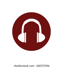 White headphones icon vector illustration. Red circle. Red button