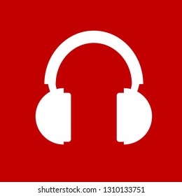 White headphones icon. Vector headphones pictogram. Vector illustration isolated on red background