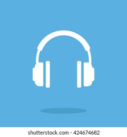 White headphones icon. Vector headphones pictogram. Vector illustration isolated on blue background