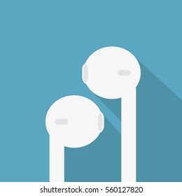 White headphones for iPhone or iPad on blue background. Flat design. Long shadow. Vector illustration